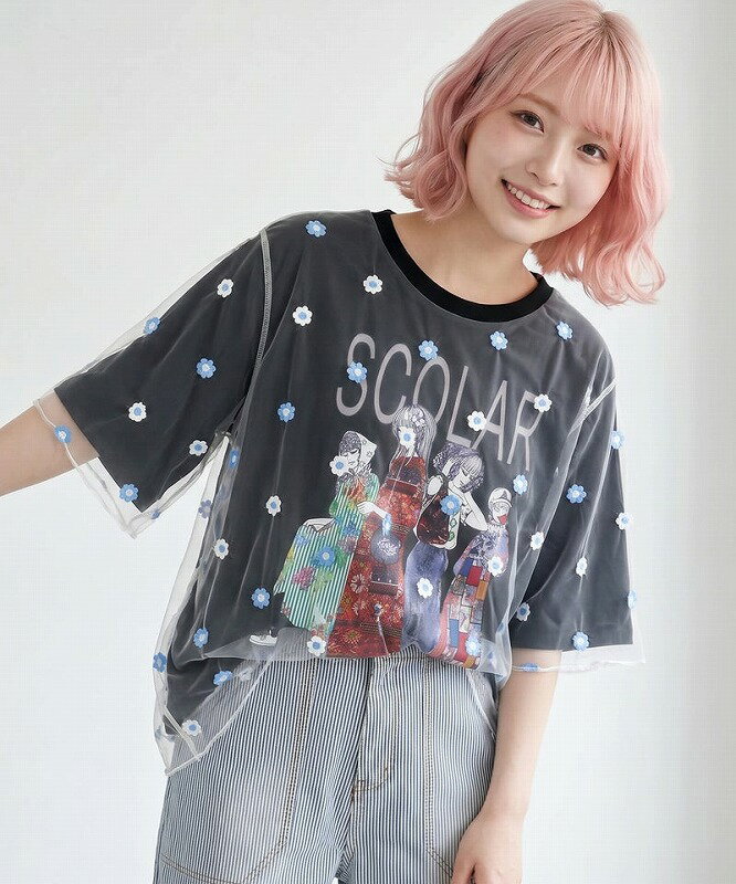 乐天商城 - 【ScoLar スカラー】162674 スカラーガールズ 花刺繍チュール重ねTシャツ トップス カジュアル レトロ ガーリー 原宿系 個性的【パッパドゥドゥ】