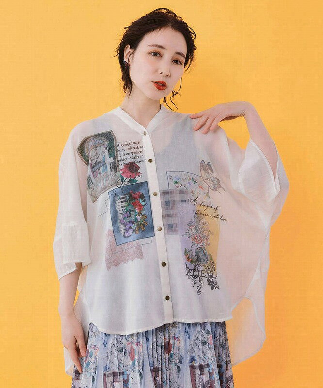 スカラー ScoLar 総柄 シアーシャツ ブラウス M ホワイト マルチカラー ScoLar - スカラー ScoLar 総柄 シアーシャツ ブラウス M ホワイト
