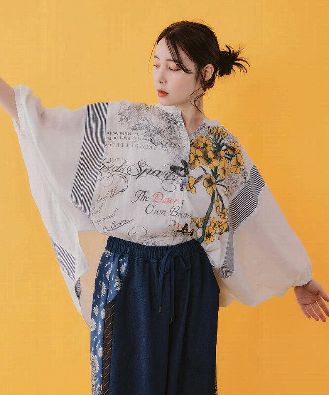 乐天商城 - 【is ScoLar イズ スカラー】562230 お花柄 ストライプ入り素材切替シャツ トップス カジュアル フェミニン 原宿系 個性的【パッパドゥドゥ】