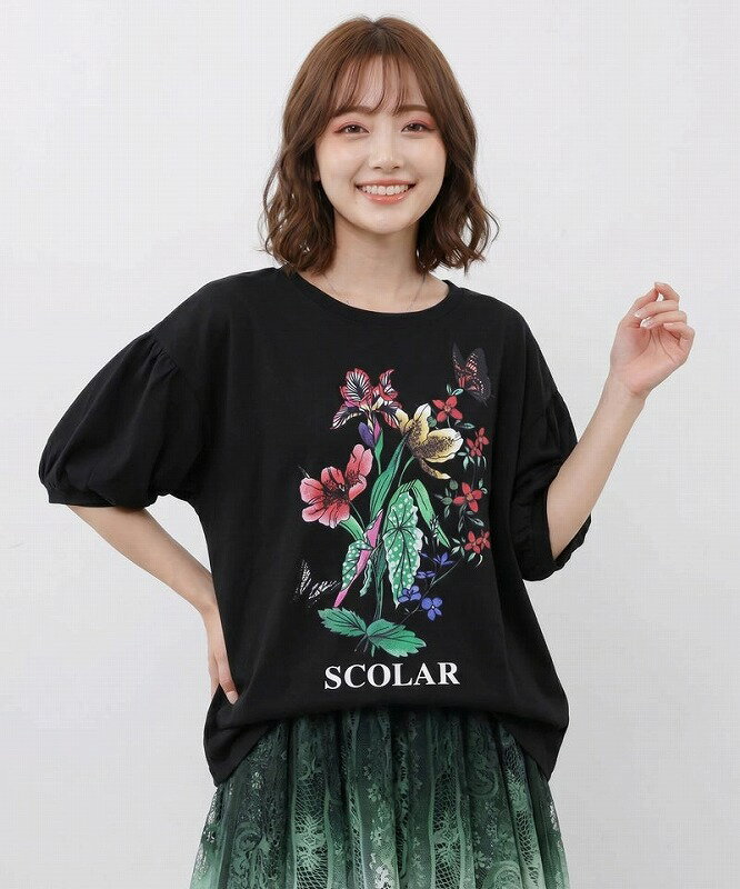乐天商城 - 【ScoLar スカラー】162703 熱帯花柄 袖ギャザー入りTシャツ トップス カジュアル レトロ ガーリー 原宿系 個性的【パッパドゥドゥ】