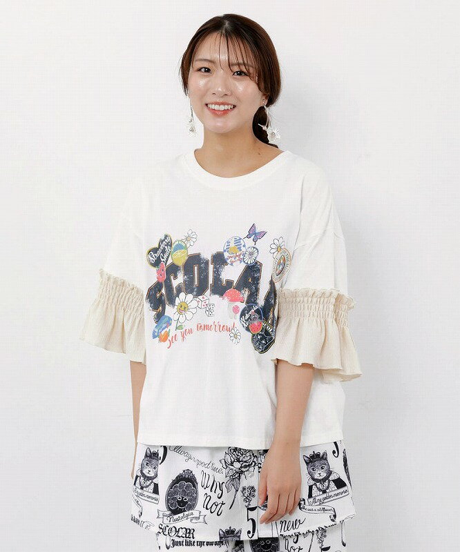 乐天商城 - ★新作★【ScoLar スカラー】162714 フリル袖付き ポップロゴTシャツ トップス カジュアル レトロ ガーリー 原宿系 個性的【パッパドゥドゥ】