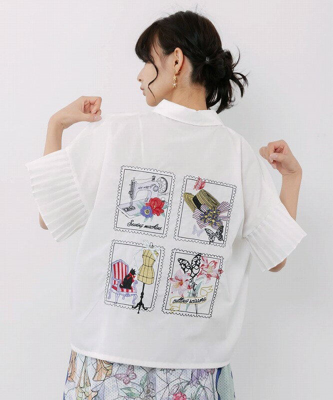 乐天商城 - ★新作★【is ScoLar イズ スカラー】562234 デザイナーの日常柄刺繍 袖プリーツ付きシャツ カジュアル フェミニン シック 原宿系 個性的【パッパドゥドゥ】