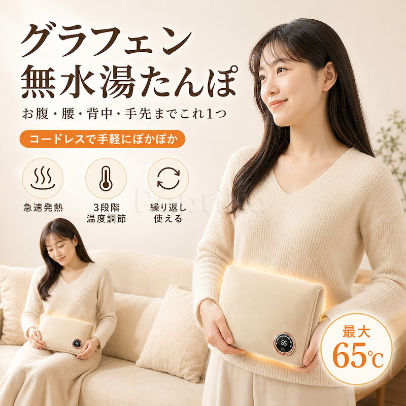 商品説明 素材 発熱素材：グラフェン 表地：ベロア調素材 中材：洗える中わた 規格 商品名：グラフェン両面あったかポーチ カラー：ミルクホワイト・フォレストグリーン 温度調節：3段階（45℃・55℃・65℃） 折りたたみ時サイズ：約190×270mm 展開時サイズ：約190×375mm 重量：約267g 入力：5V 2A Max 電源：USB給電式 対応バッテリー：モバイルバッテリー5000mAh ケーブル：約1.2m延長充電ケーブル付き 表示：温度表示付き 特徴 ●グラフェン両面発熱 グラフェンヒーターを採用し、両面から広い範囲を効率よく温めます。お腹・腰・背中・手元など、温めたい場所に合わせて使えます。 ●3段階温度調節 45℃・55℃・65℃の3段階から、お好みや使用シーンに合わせて温度を調節できます。 ●見やすい温度表示 温度をひと目で確認できるデジタル表示付き。温度設定を確認しながら快適に使用できます。 ●USB給電式で使いやすい モバイルバッテリーなどのUSB機器に接続して使用できます。付属の約1.2m延長ケーブルで、コンセントから離れた場所でも使いやすい設計です。 ●軽量・折りたたみ式 約267gの軽量設計で、折りたたんで持ち運びやすいポーチ型。ご自宅・オフィス・旅行・車内など、さまざまな場所で活躍します。 ●幅広い使用シーン お腹や腰に巻くように使ったり、背中に当てたり、手元を温めたりできます。ソファでのリラックスタイムやデスクワーク、読書、休憩時にも便利です。 ●丸洗いOK 清潔に使いやすい洗える仕様です。洗濯前に電源部を取り外し、十分に乾かしてからご使用ください。 ●4つの安心保護機能 過熱保護・過充電保護・過電圧保護・ショート保護を備えた安心設計です。 関連キーワード 電気あんか USB給電 電気カイロ グラフェンカイロ グラフェンヒーター あったかポーチ ホットポーチ 温熱ポーチ 電気毛布 ミニ電気毛布 3段階温度調節 温度表示 45℃ 55℃ 65℃ 両面発熱 腹巻き 腰あて 背中あて ハンドウォーマー 冷え性 冷え対策 防寒グッズ あったかグッズ 省エネ オフィス デスクワーク 車内 旅行 読書 丸洗い可能 軽量 持ち運び便利 冬用 注意事項 ●モニターの色と実際の色が異なることがございます。あらかじめご了承ください。 ●画像はイメージであり、商品の仕様は予告なく変更される場合がありますので予めご了承ください。 ●万が一在庫切れや入荷待ちとなる場合は別途メールにてご連絡いたします。