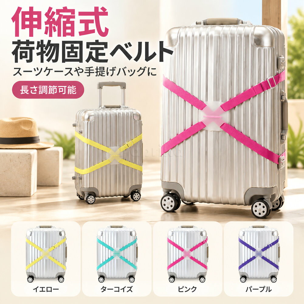 商品説明 素材 ポリエステル50％、ラテックス糸50％ 規格 商品内容：スーツケース固定ベルト1本対応する長さ：約70～240cm（調節可能）カラー：イエロー、ターコイズ、ピンク、パープル仕様：伸縮式クロスベルト、長さ調節具、着脱式バックル※サイズには多少の誤差が生じる場合があります。 特徴 荷物をクロス状にまとめて固定。伸縮するベルトがスーツケースを囲むようにフィット。移動中に荷物がずれにくく、持ち運びを快適にします。ケースの上の手荷物にも。キャリーバーに掛けて、手提げバッグや上着などをスーツケースの上に固定。両手を空けて移動したいときに便利です。長さを合わせて、手軽に着脱。約70～240cmの範囲で長さを調節可能。バックル式なので、荷物に合わせた取り付け・取り外しもスムーズです。使わないときはコンパクト。小さくまとめて収納でき、旅行や出張の荷物に加えやすいアイテムです。 関連キーワード スーツケースベルト キャリーケースベルト クロスベルト 荷物固定ベルト バッグとめるベルト 伸縮ベルト サブバッグ固定 旅行用品 トラベルグッズ 出張 注意事項 ご使用前にベルトの長さとバックルの固定状態をご確認ください。荷物の落下を完全に防ぐものではありません。モニターの色と実際の色が異なることがございます。あらかじめご了承ください。画像はイメージであり、商品の仕様は予告なく変更される場合がありますので予めご了承ください。万が一在庫切れや入荷待ちとなる場合は別途メールにてご連絡いたします。商品名スーツケース固定ベルトカラーイエロー / ミント / ローズレッド / パープル長さ約70〜240cm。素材ポリエステル50％、ラテックス糸50％。仕様クロス構造の伸縮ストラップ、長さ調節部、着脱式バックル。使用シーンスーツケースや上着、旅行バッグなどの荷物固定に。ご注意ご注文前にカラーと固定する荷物のサイズをご確認ください。手作業採寸のため寸法には多少の誤差があります。