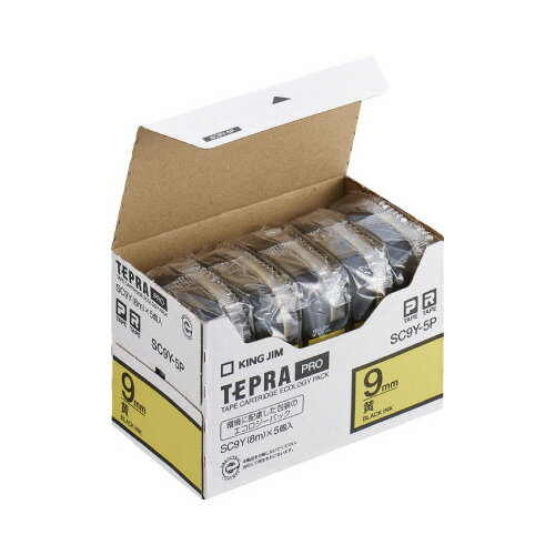 テプラ キングジム テプラPROテープカートリッジエコP　5個入り　黄に黒文字　9mm幅×8m SC9Y-5P