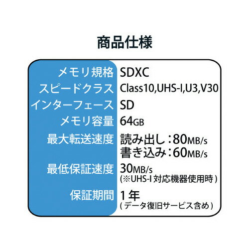 エレコム SDXCカード／64GB　UHS－I　U3　80MB／s　64GB MF-FS064GU13V3R