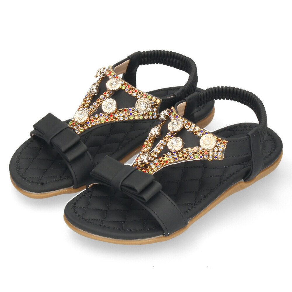 キッズ サンダル 女の子 おしゃれ 靴 かかとあり 子供 ジュニア 子ども キラキラ ビジュー リボン 黒 ..