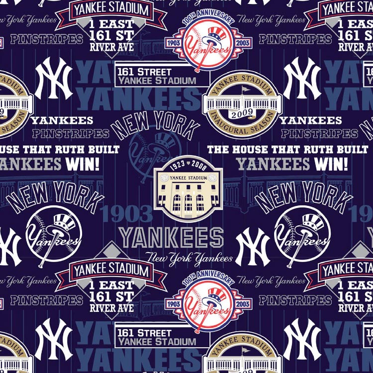 11月上旬入荷予約販売/ 送料無料/ 10cm単位 続けてカット MLB ニューヨーク ヤンキース スタジアム メジャーリーグ 149cm 大判 公式 生地 野球 総柄 コットン プリント 布 手芸 輸入