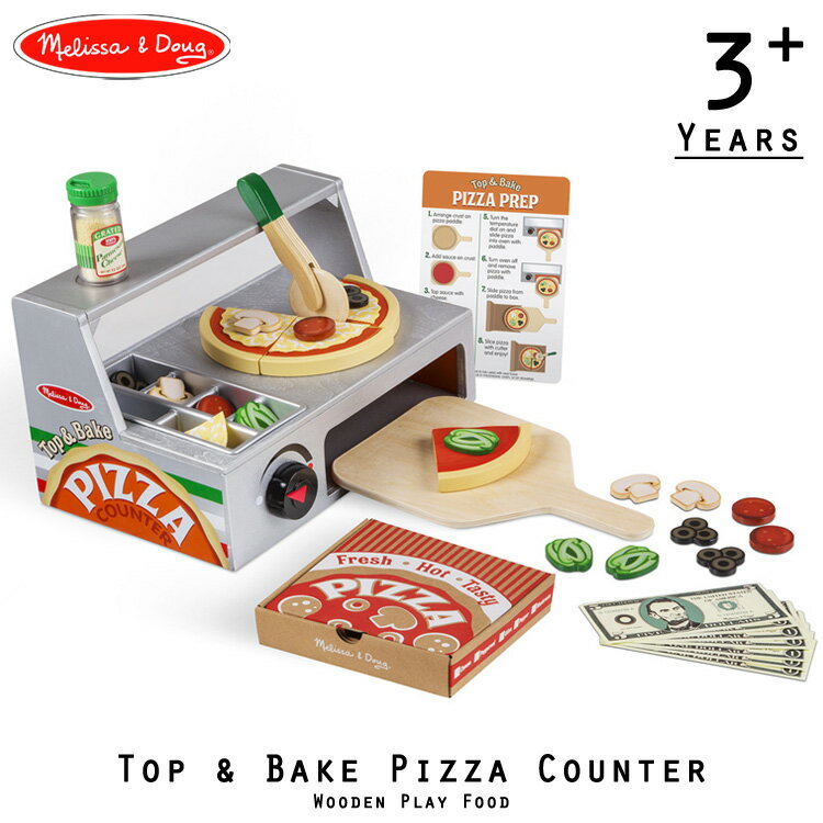 商品説明 メーカー Melissa & Doug 商品名 Top & Bake Pizza Counter - Wooden Play Food 型番 9465 パッケージサイズ 19.5L×22W×34H cm 対象年齢 3歳から 安全基準 消費者製品安全性改善法適合(CPSIA)/米国安全基準適合(ASTM) 材質 木 生産国 China. 使用塗料や素材は安全なものを使用しており、お口に入れても安全です。 仕様 クオリティの高さで、世界中で大人気のメリッサ アンド ダグ。 キッチンのままごとフードシリーズに、ありそうでなかった　ピザ屋さんカウンターセット。 セット内容： チーズシェーカー、フェルトチーズ＆ソース、木製ピザ生地、トッピング、カウンター、パドル、ローリングカッター デリバリーボックス、メニュー、おもちゃのドル札 メニューを見せて、注文を聞いたら、ピザ作り！！ オープンカウンターに入れて、焼きあがれば！カットしてボックスに入れたら完成！ お友達やパパママと お店屋さん ごっこ遊び ！ 備考 ・ラッピング可(ラッピングバッグを商品と一緒にご購入下さい。) ・輸入商品特有の製造上のキズや塗装剥がれ等や輸送時のパッケージのダメージが見受けられる場合がございます。 ・入荷時期によりデザイン・カラー変更の場合がございます。 ・お届けボックスに関しましては、メーカー出荷時の状態より入荷時の箱を加工しお送りする場合もございます。 ・ご使用時、必ず大人の方がそばで付き添って下さい。 ※お買いもの前に必ずご確認ください。 ■アメリカ製品について ■FAQはこちら 【検索キーワード】 ままごと 食材 キッチン 玩具 ピザ 木製 pizza セット 子供 おもちゃ 3歳 3才 豪華 知育玩具 木のおもちゃ お店屋さんごっこ 誕生日 クリスマス プレゼント