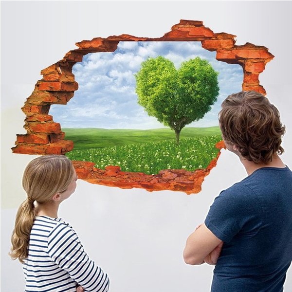 3D ウォールステッカー ハートの木 草原 騙し絵 トリックアート はがせる 壁紙 シール 防水 DIY 壁 床 ..