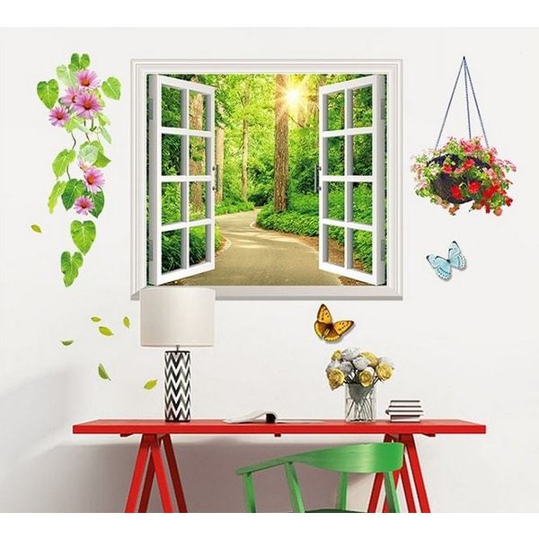 癒しの3D窓 ウォールステッカー C201 森抜け道 窓＋花 騙し絵 トリックアート はがせる 壁紙 シール 防水 DIY 壁