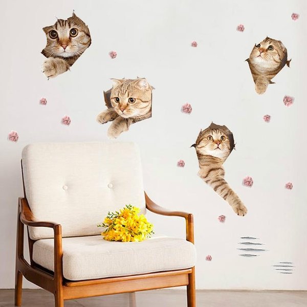 飛び出す☆ 3D ウォールステッカー スコティッシュフォールド 4匹 騙し絵 トリックアート リアル 猫 イ..