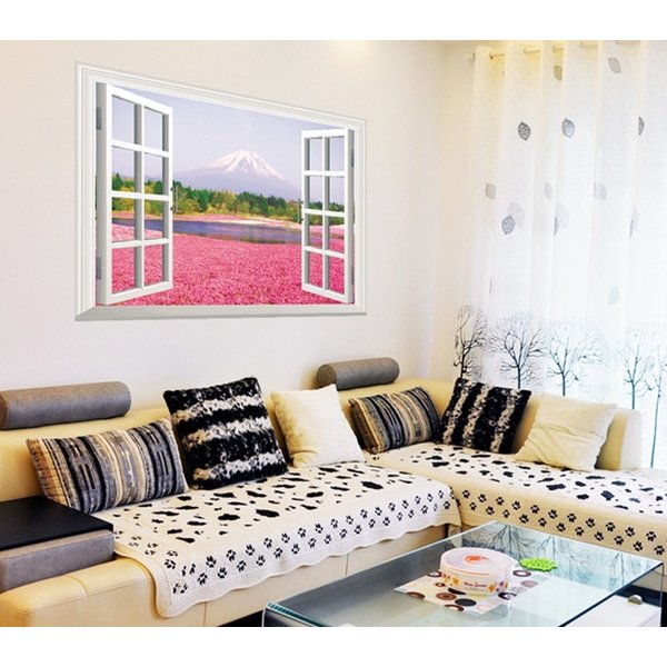 癒しの3D窓 ウォールステッカー 南国 芝桜×富士山 騙し絵 トリックアート はがせる 壁紙 シール 防水 D..