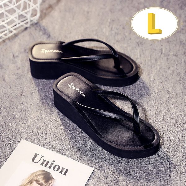 厚底 レザー調 ビーチサンダル 【 ブラック L 】 シンプル ヒール サンダル 普段使いにも