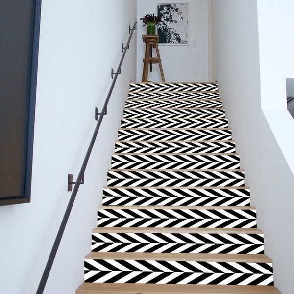 階段用 ステッカー 6枚セット 幾何学柄 モダン モノクロ ウォールステッカー 装飾 剥がせる カンタン DIY 壁紙シール