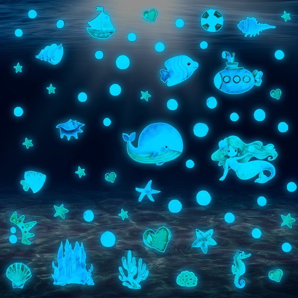 暗闇で光る☆蓄光 01 マーメイド 海 set ブルー 魚 海の生き物 貝殻 サンゴ ウォールステッカー 壁 天井 シール リメイク DIY