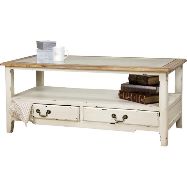 コーヒーテーブル 【アイボリー】 天然木(パイン) 天然木化粧繊維板(アッシュ) ラッカー塗装 8mm強化ガラス