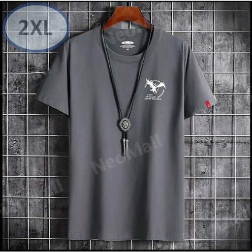 夏にピッタリ ☆ 丸首 半袖 Tシャツ【095】 グレー 2XLサイズ トップス シャツ シンプル イラスト プリント 春夏