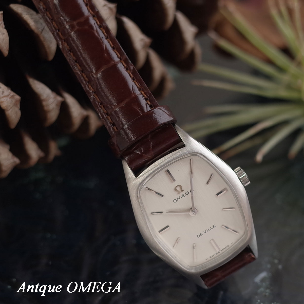 オメガ デビル 70's アンティーク 六角 ミドル SS 新品革ベルト レディース 手巻 純正尾錠 腕時計 OMEGA