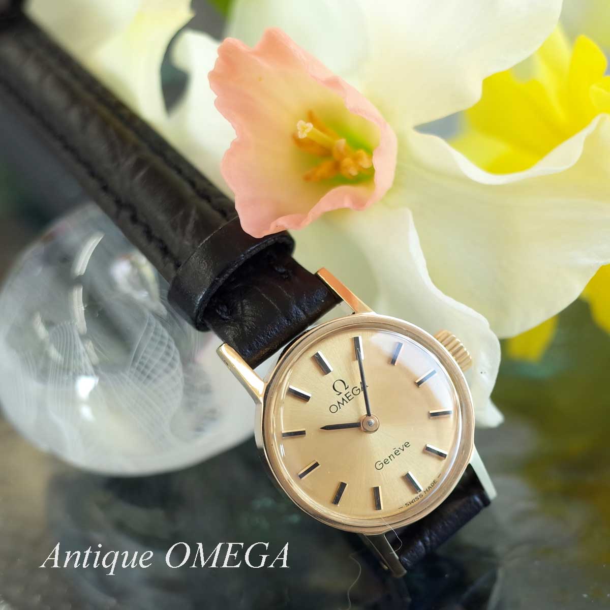オメガ デビル 70's アンティーク 750YG 新品革ベルト レディース 手巻 腕時計 OMEGA