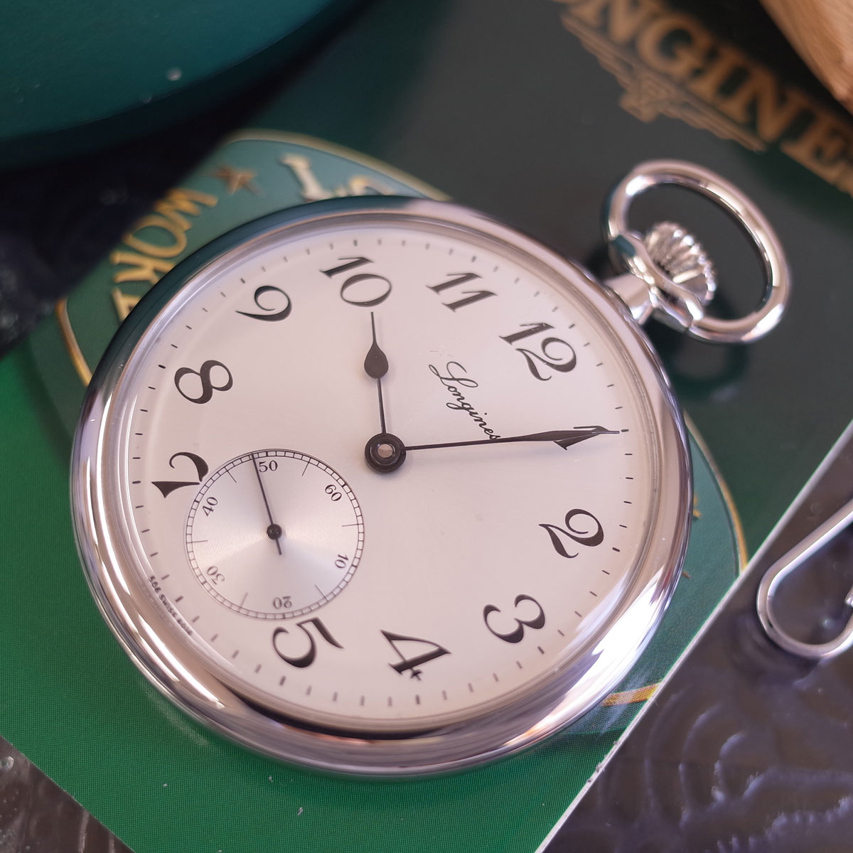 美品 ロンジン 懐中時計 L7.014.4.73 SS ホワイトアラビア スモセコ 箱 保証書 チェーン 48mm 百貨店購入 LONGINES OH済1年保証