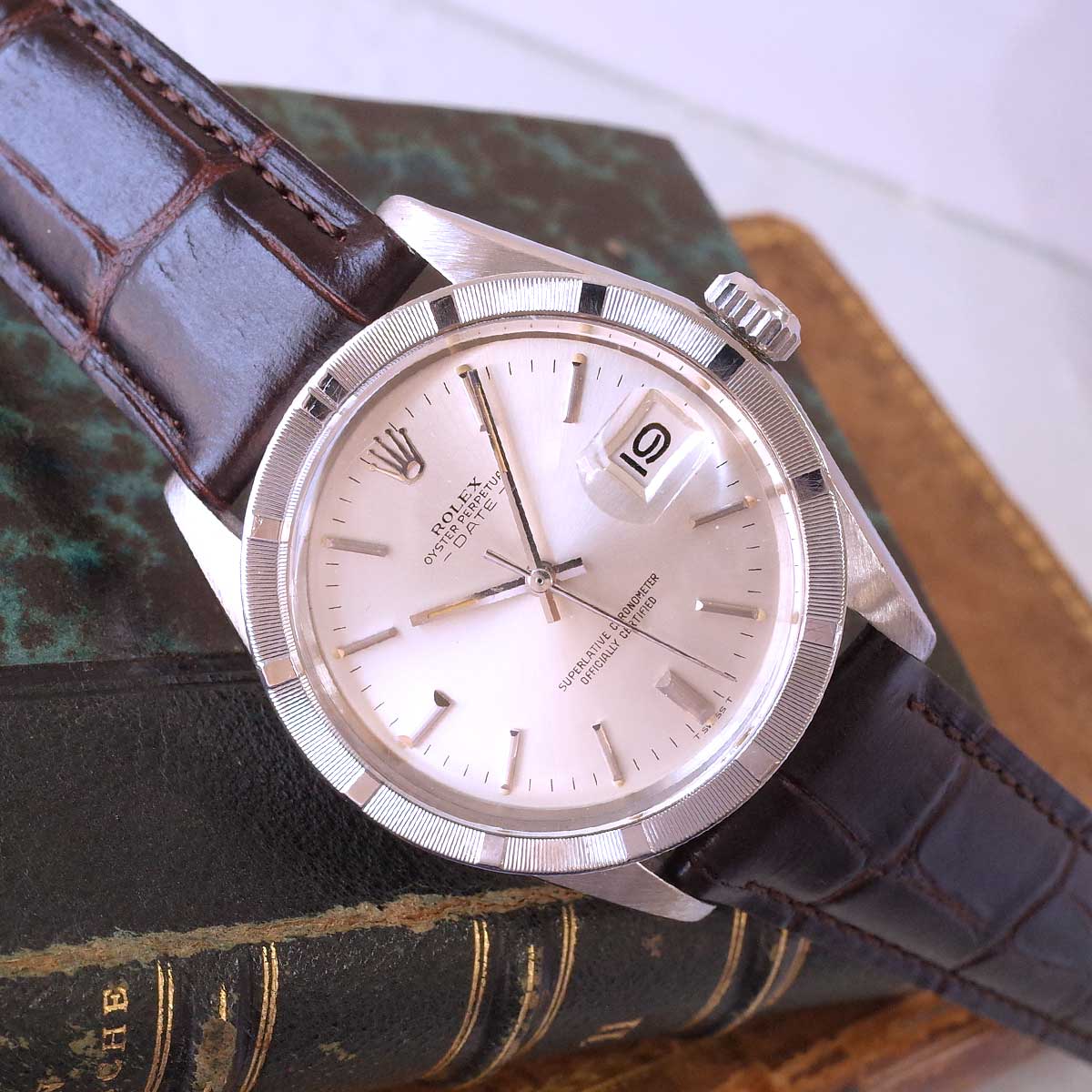 ロレックス 1501 オイスターパーペチュアルデイト 1971年 ファインリーエンジンターンドベゼル SS 新品革ベルト 自動巻 AT 腕時計 ROLEX アンティーク OH済1年保証