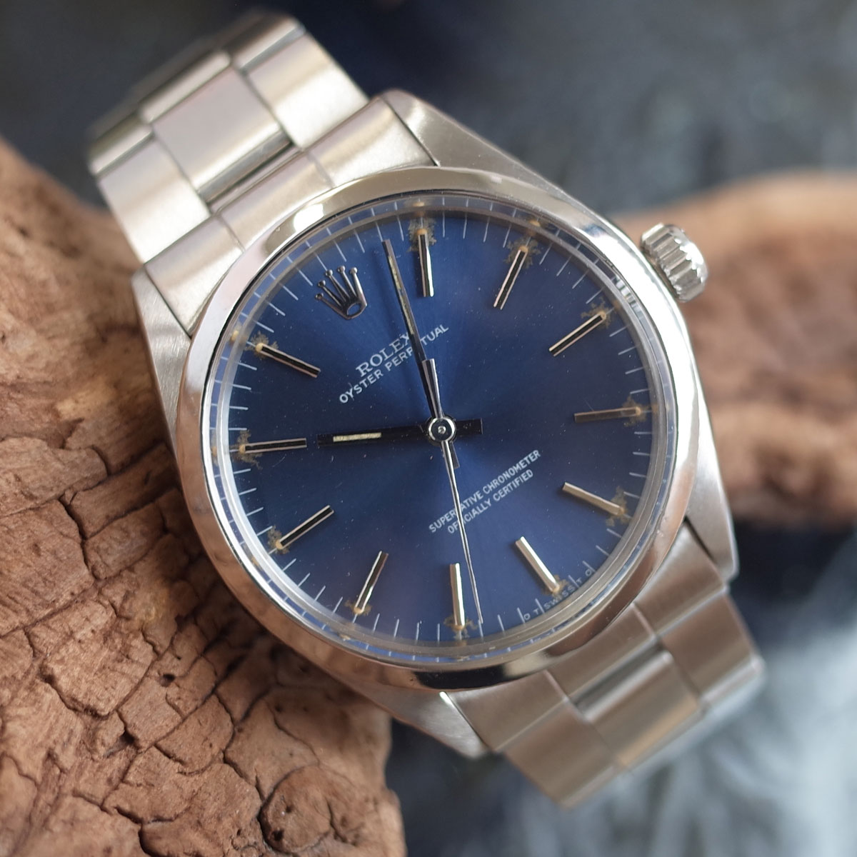 ロレックス 1002 オイスターパーペチュアル 青文字盤 シグマダイヤル 巻きブレス 1972年 SS 自動巻 メンズ 腕時計 ROLEX アンティーク OH済1年保証