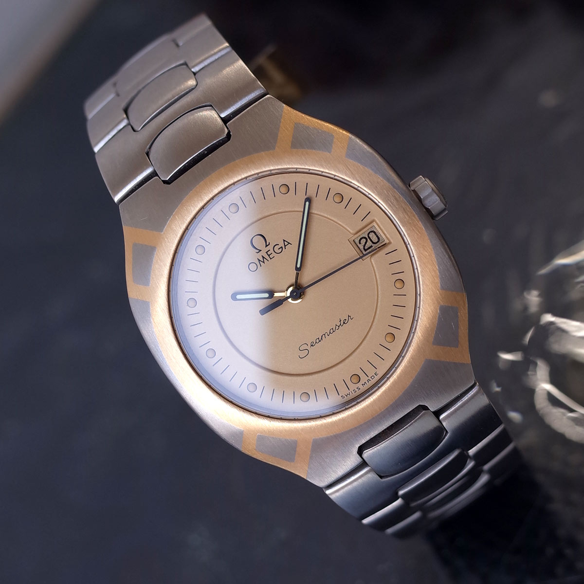 オメガ OMEGA シーマスター ポラリス SS/YG 亀 コンビ 象嵌加工 31ミリ ヴィンテージ メンズ クォーツ OH済1年保証