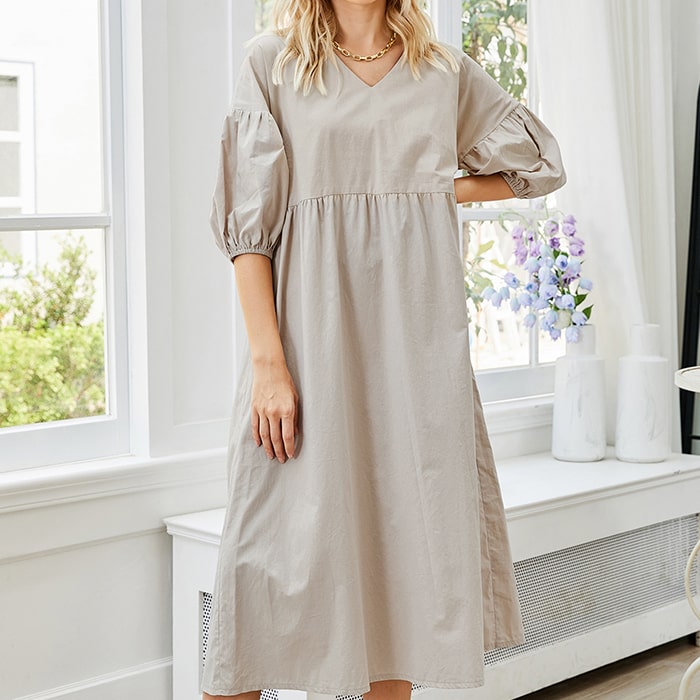 ワンピース レディース 春 夏 きれいめ 半袖 Vネック パフスリーブ UVカット 体系カバー 無地 可愛い おしゃれ ナチュラル きれいめ M L 送料無料 母の日 sale セール バーゲン プレゼント