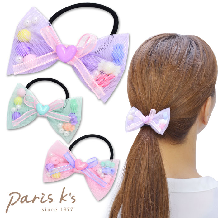 楽天私の毎日アクセサリー paris k’s【期間限定50％OFF！】ヘアゴム リボン ハート キャンディ チュール 女の子 子供 キッズ ヘアアクセサリー ヘアアクセ レース ホログラム ファッション 可愛い 女性 雑貨 オソロ お揃い コンサート ライブ フェス 発表会 ダンス 誕生日 プレゼント ギフト