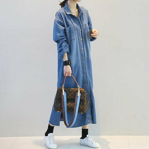 カジュアル可愛い♪デニムロングシャツワンピース ロングワンピース コットン 前開き SからXL 送料無料 カジュアル可愛い♪デニムロングシャツワンピース ロングワンピース コットン 前開き SからXL 送料無料