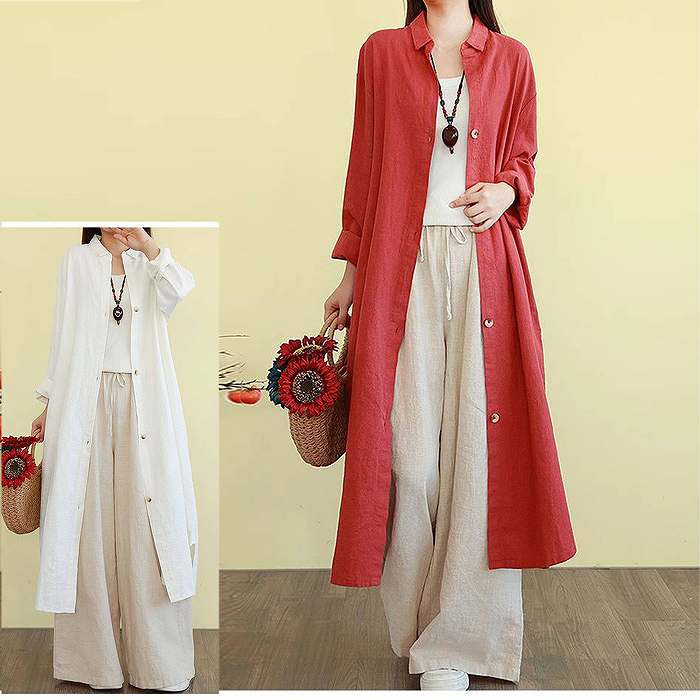 麻のシャツジャケット　シャツワンピース　レッド　ホワイト　ひざ下丈　長袖　定番　送料無料