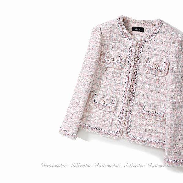 <在庫セール>上品ノーカラージャケット ショートジャケット ピンク ゴージャス 入学式 七五三パーティー卒業式大人送料無料女子会ほっそり効果大20代30代40代50代ミセス