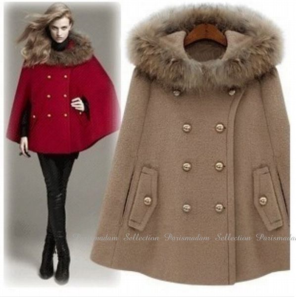 ファー付きポンチョ　マント　ケープ　ベージュ　上品　通勤　お出かけ　長袖　カジュアル　送料無料　ほっそり効果大 20代30代40代50代　ミセス