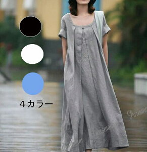 <在庫セール>送料無料 マキシ丈ワンピース ロング 半袖 タックフレア 麻 リネン ゆったり ルーズ 大きいサイズ有り 小さいサイズ有り