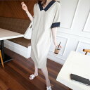 <在庫セール>麻の膝下ワンピース 半袖 V襟 オフホワイト リネン コットン 切り替え ストレート ほっそり見える 送料無料