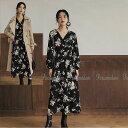 <在庫セール>プリントワンピース カシュクール大人ワンピ ブラック 長袖 ひざ下丈 エレガンス 改まった席 ミモレ丈 大人 上品 送料無料(4)