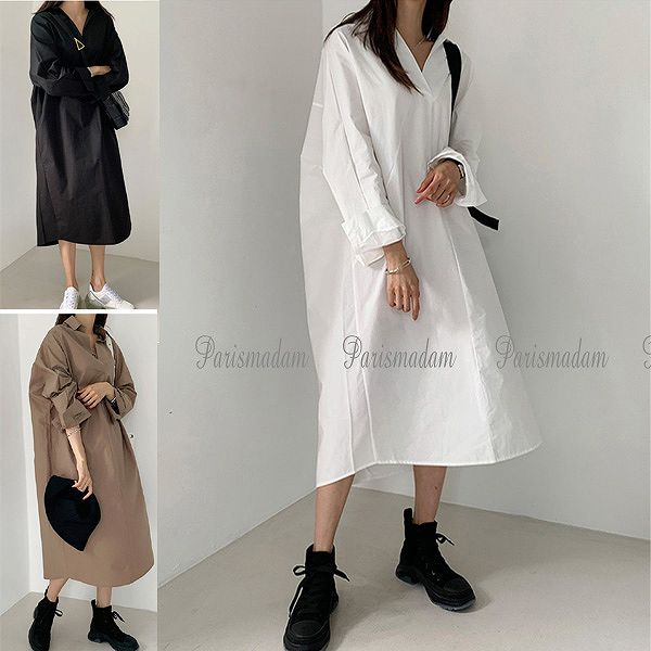 ＜在庫セール＞シャツワンピース　コットンワンピース　ストレートライン　長袖　ミモレ丈　ホワイト　ブラック(4.0)