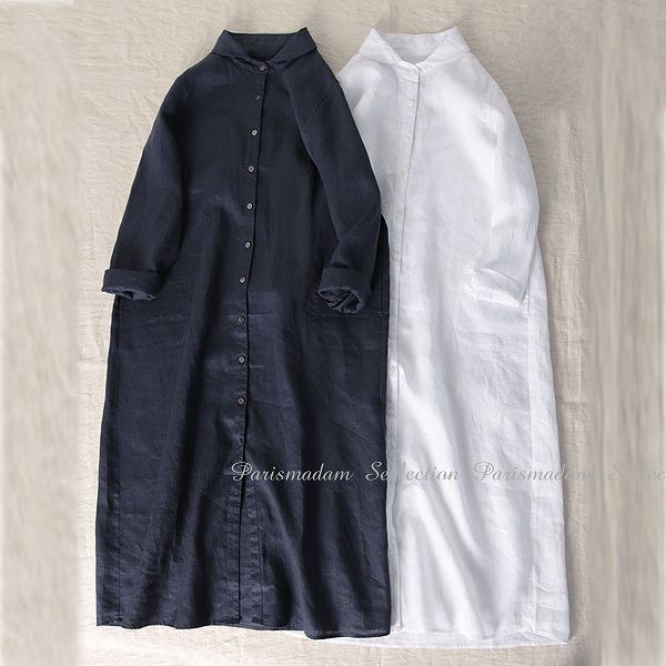 麻のシャツワンピース　ロングジャケット　スタンドカラー　前開き　カーディガン　ネイビー　ホワイト　ひざ下　七分袖【送料無料】のサムネイル