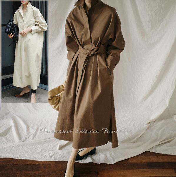 大人かっこいいワンピース　長袖　膝下丈　ミモレ丈　シャツワンピース　2WAY　ブラウン　オフホワイト..