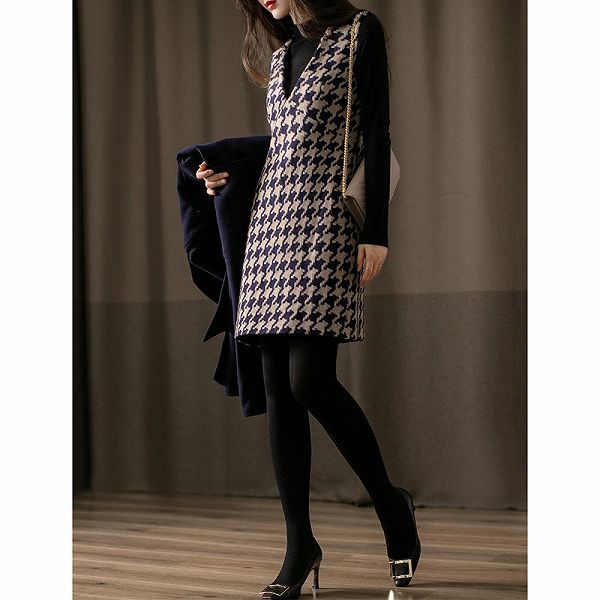 V襟チェックジャンバースカート　ギンガムチェック　千鳥格子　膝上丈　ミニ丈　ほっそり効果大 20代30代40代50代　ミセス送料無料