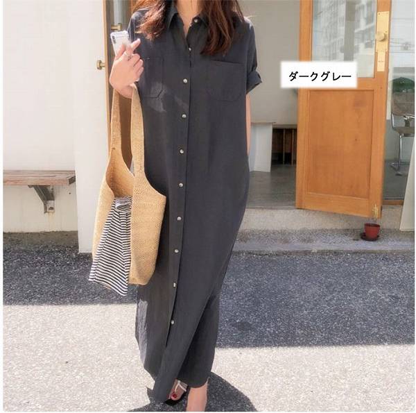 ロングワンピース　前開き　シャツワンピース　半袖　サイドスリット　定番　送料無料グリーンマスタードベージュダークグレー