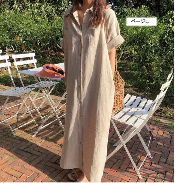 ロングワンピース　前開き　シャツワンピース　半袖　サイドスリット　定番　送料無料グリーンマスタードベージュダークグレー