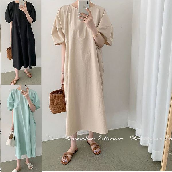 コットンワンピース パフスリーブ大人ワンピースストレートライン ひざ下丈 ミモレ丈送料無料