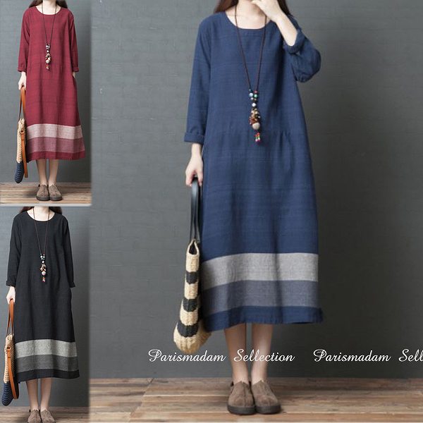 ブラックロングワンピース　コットンワンピース　スクエア　長袖　マキシ丈　ほっそり効果大 20代30代40代50代60代　ミセス20代30代40代50代60代