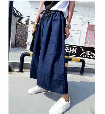 デニムガウチョパンツ ロングパンツ ブルー ワンサイズウエストゴム フリーサイズエレガンス 大人 女子会 ほっそり効果大送料無料