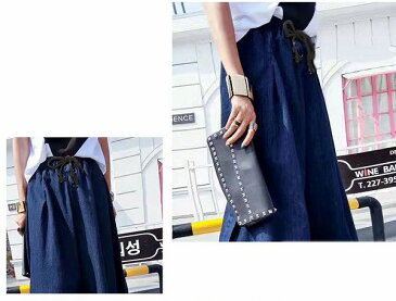 デニムガウチョパンツ ロングパンツ ブルー ワンサイズウエストゴム フリーサイズエレガンス 大人 女子会 ほっそり効果大送料無料