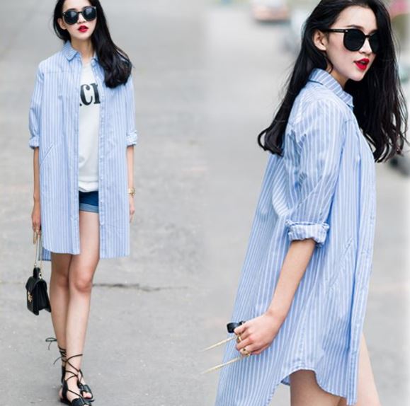 ストライプシャツワンピース/ロングシャツ/ブルー×ホワイト/長袖/コットン【クリックポストで送料無料】(4)