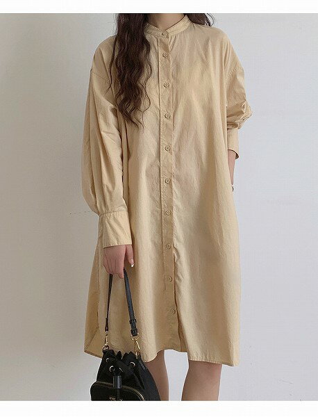 ロングシャツワンピース　コットン　ベージュ　長袖　ひざ丈　スタンドカラー【クリックポストで送料無料】女子会　ほっそり効果大 20代30代40代50代
