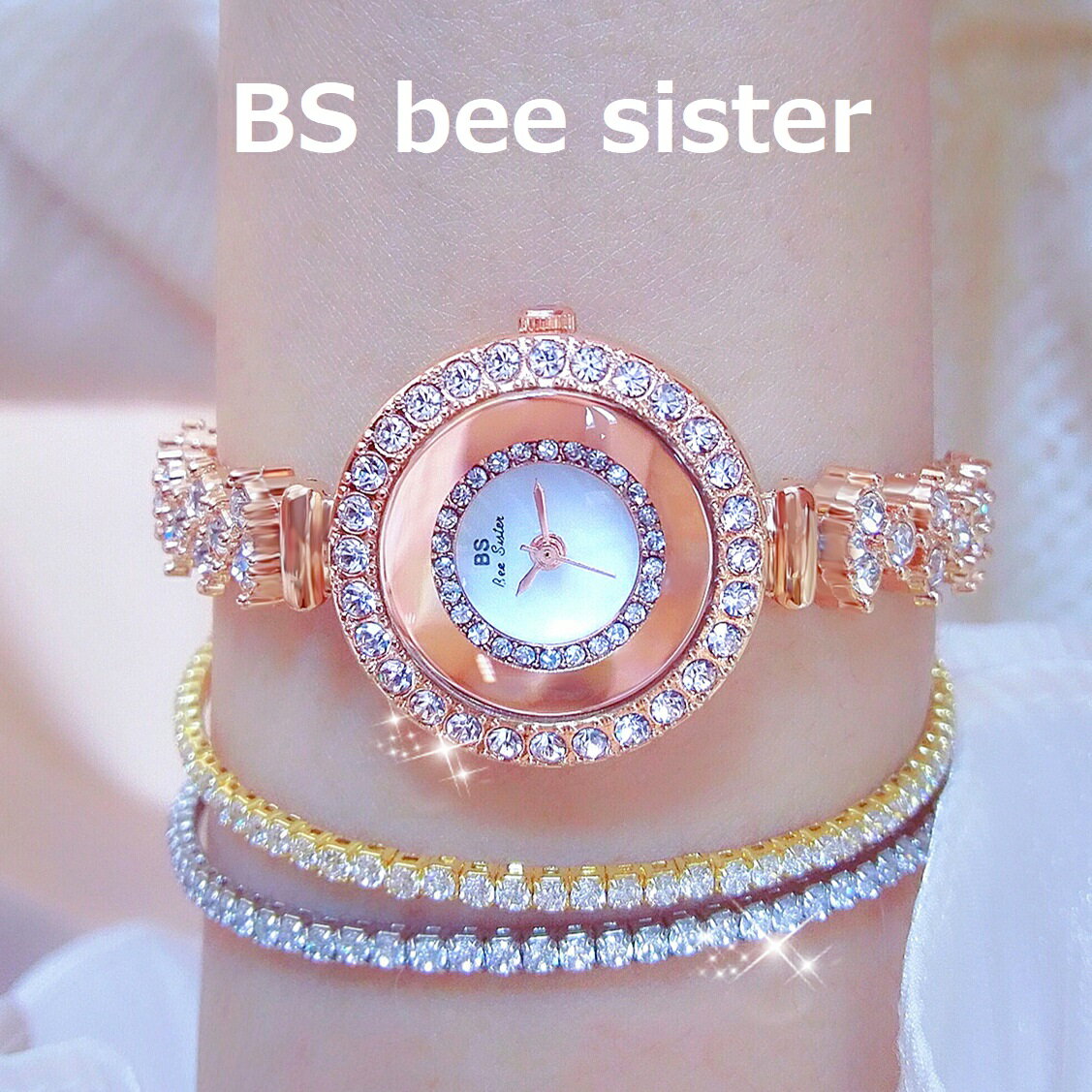 時計のプレゼントを贈る BS bee sister 腕時計 時計 レディース 女性用 ウォッチ クリスタル ガラスカット アクセサリー ラッピング無料 かわいい おしゃれ シルバー ピンクゴールド ブレスレ…